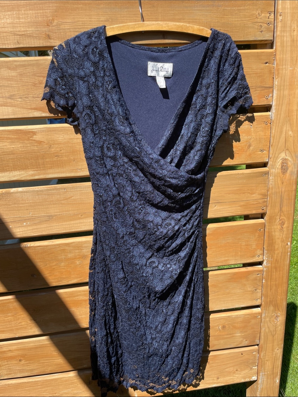 Joseph Ribkoff Navy Lace Midi Dress with Faux-Wrap Detail